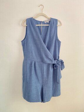 Emma & Michele Blue Sleeveless Wrap-Style Romper With Tie Waist & Pockets Size L